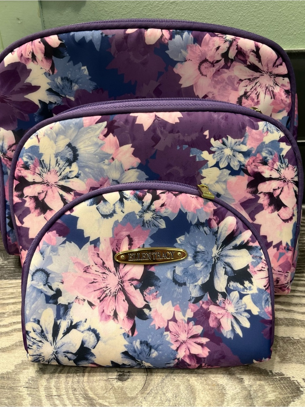 Ellen Tracy Purple Floral Cosmetic Bag Trio